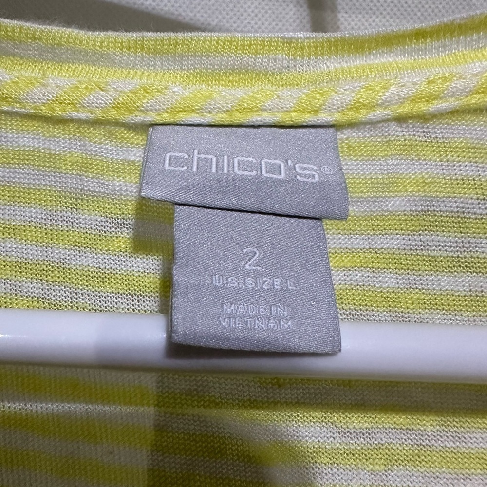 Chicos Womens 100% Linen Top Sz 2 / L Yellow Striped V Neck Dolman Sleeve Boxy - Picture 3 of 5